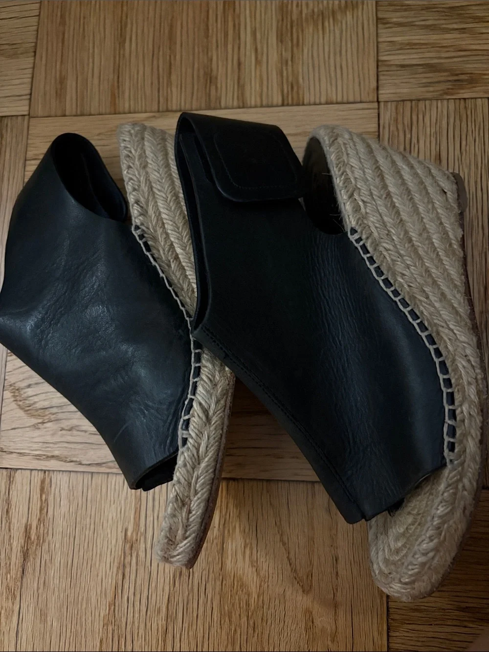 CELINE Black Leather Open-Toe Thong Espadrille Wedge Sandal 37